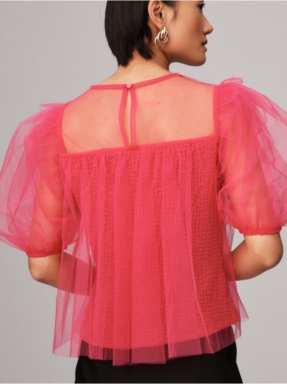 Anthropologie Hot Pink Tulle Babydoll Puff Sleeve Top - Picture 2 of 7